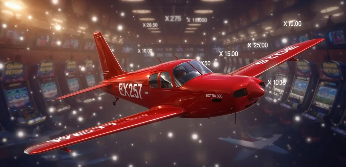 Aviator red airplane soaring through casino with slots